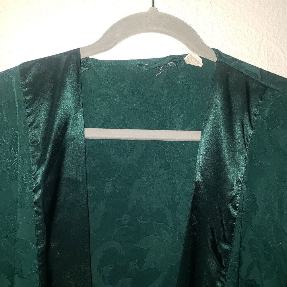 Vtg Victoria's Secret OS Gold Label Jacquard Kimono Bath Robe Green Satin Short - Picture 5 of 9